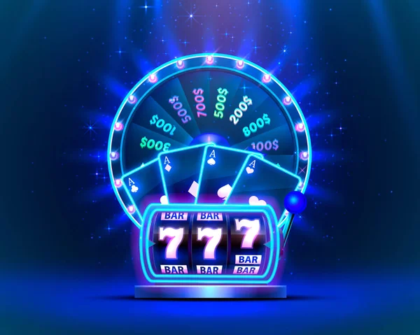 Casino al neon colorato ruota della fortuna, Neon slot machine vince il jackpot . — Vettoriale Stock