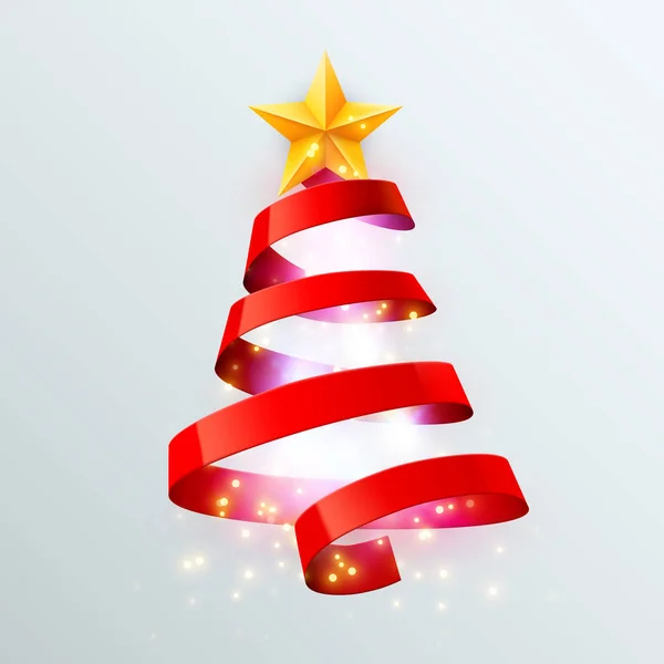 Kerstboom gemaakt van rood lint op lichte achtergrond. Nieuwjaar en Kerstmis wenskaart of uitnodiging voor feest. — Stockvector