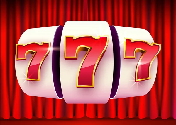 Slot machine wint de jackpot op gordijn achtergrond. 777 Groot win casino concept. — Stockvector