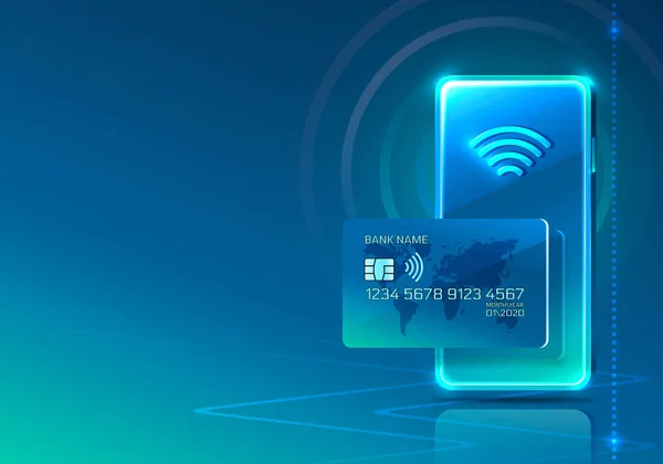 Elektroniczna karta kredytowa i ikona telefonu, technologia finansowa, niebieskie tło. — Wektor stockowy