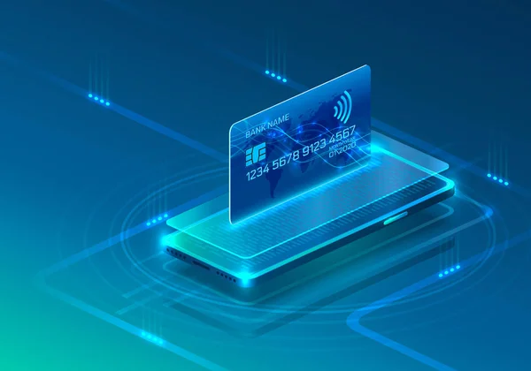 Carta di credito elettronica e icona del telefono, tecnologia finanziaria, sfondo blu . — Vettoriale Stock