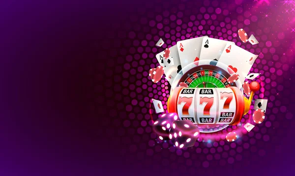 Cubierta de Casino 3d, máquinas tragamonedas y ruleta con tarjetas, Escena de arte de fondo . — Vector de stock