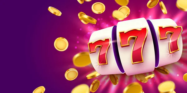 La machine à sous d'or avec des pièces d'or volantes gagne le jackpot. Grand concept de victoire . — Image vectorielle