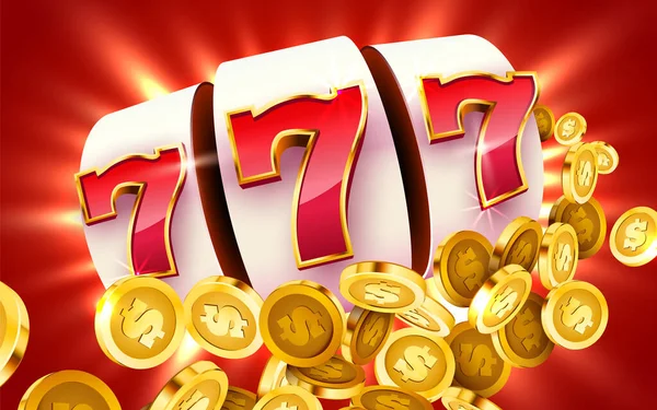 Gouden slotmachine met vliegende gouden munten wint de jackpot. Ruime zege concept. — Stockvector