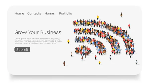 Große Gruppe von Menschen in der Form von Wi-Fi-Zeichen. Landungsseite der Website. — Stockvektor