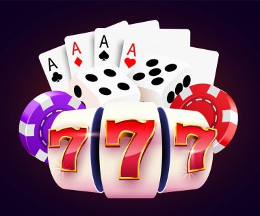 Altın kumar makinesi, zarlar, poker kartları büyük ikramiyeyi kazanır. 777 Büyük Kazanç konsepti. Kumarhane ikramiyesi.