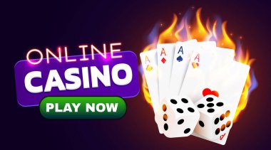 Yanan Kumarhane Poker Kartları ve zarları. Çevrimiçi kumarhane ve ateşli kumar konsepti.