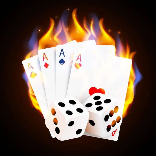 Burning Casino Poker Cards and dices. Online casino and flaming gambling concept. — Stock Vector
