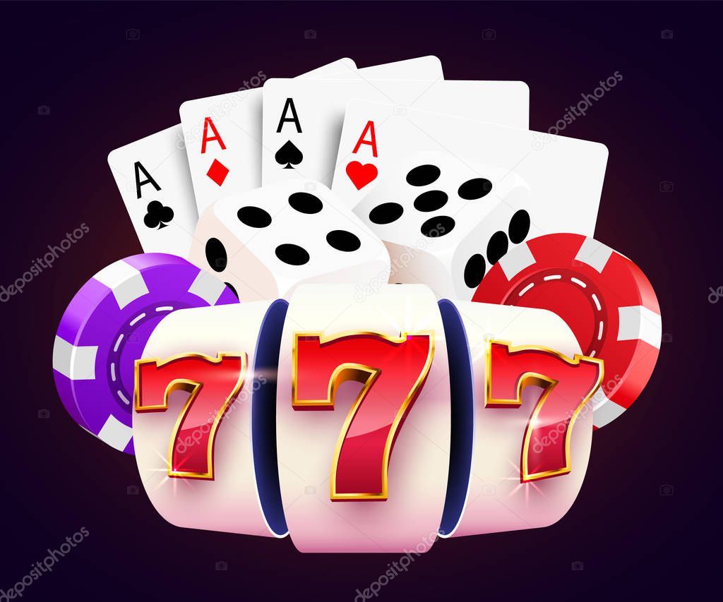 Golden slot machine, dices, poker cards wins the jackpot. 777 Big win concept. Casino jackpot.