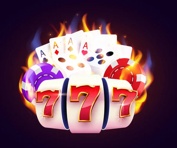 Quemar la máquina tragaperras, dados, cartas de póquer gana el premio mayor. Concepto de casino de fuego. Caliente 777 . — Archivo Imágenes Vectoriales