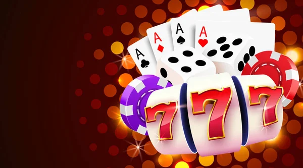 Yanan kumar makinesi, zarlar, poker kartları büyük ikramiyeyi kazanır. Yangın kumarhanesi kavramı. Sıcak 777. — Stok Vektör