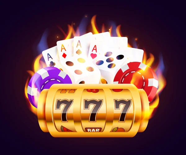 La macchina mangiasoldi in fiamme, i dadi, le carte di poker vince il primo premio. Concetto di casinò antincendio. Caldo 777 . — Vettoriale Stock