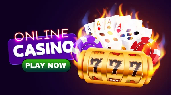 Brennende Spielautomaten, Würfel, Pokerkarten gewinnen den Jackpot. Fire Casino Konzept. Heiße 777. — Stockvektor