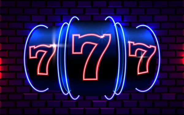 Neon slot machine wint de jackpot. 777 Groot win casino concept. — Stockvector