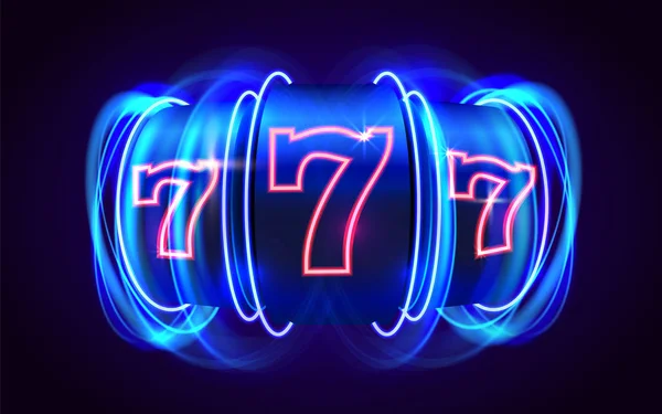 Neon slot machine wint de jackpot. 777 Groot win casino concept. — Stockvector