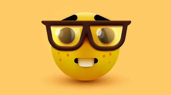 Emoji faccia nerd, emoticon intelligente con gli occhiali. Geek o studente . — Vettoriale Stock