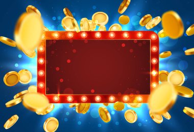 Kumarhane lambası çerçevesi altın gerçekçi 3D madeni para arka planı.