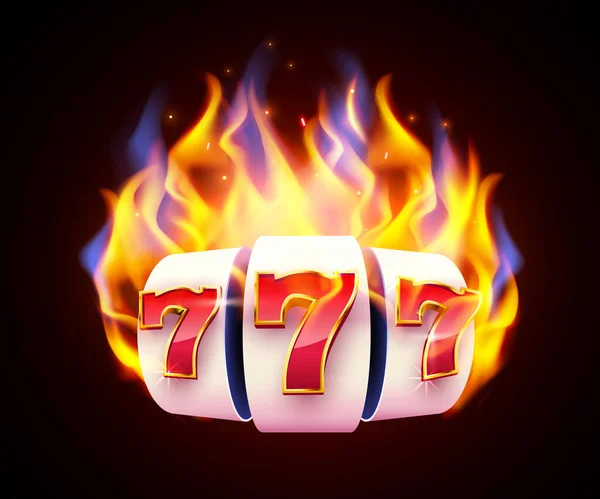 燃烧的老虎机赢了头彩火灾赌场的概念。热气777 — 图库矢量图片
