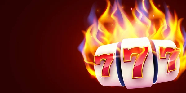 La máquina tragaperras en llamas gana el premio mayor. Concepto de casino de fuego. Caliente 777 — Vector de stock