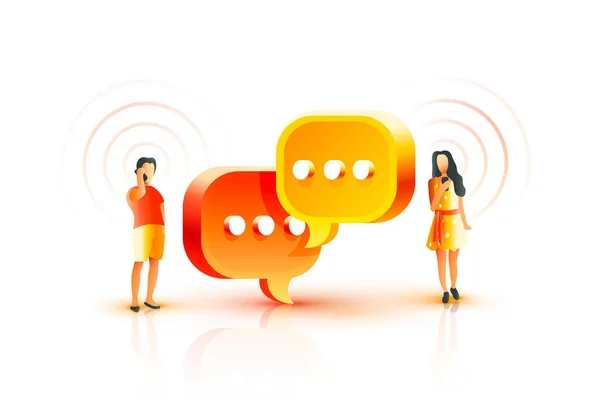 Människor kommunicerar via mobiltelefon, chattar med varandra, utbyter information, glada människor chattar. — Stock vektor