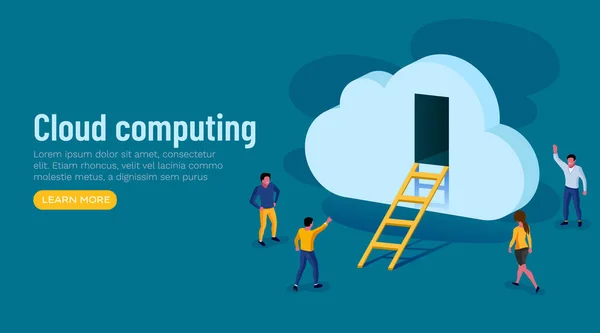 Porta all'innovazione. Cloud computing. Gruppo di persone in piedi intorno grande nuvola con scala e nuvola. Persone creative . — Vettoriale Stock