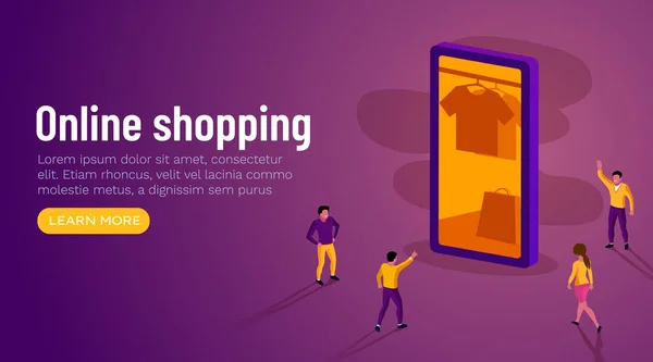 Promotion des achats en ligne. App smartphone et personnages de personnes autour. Commerce Internet Concept . — Image vectorielle