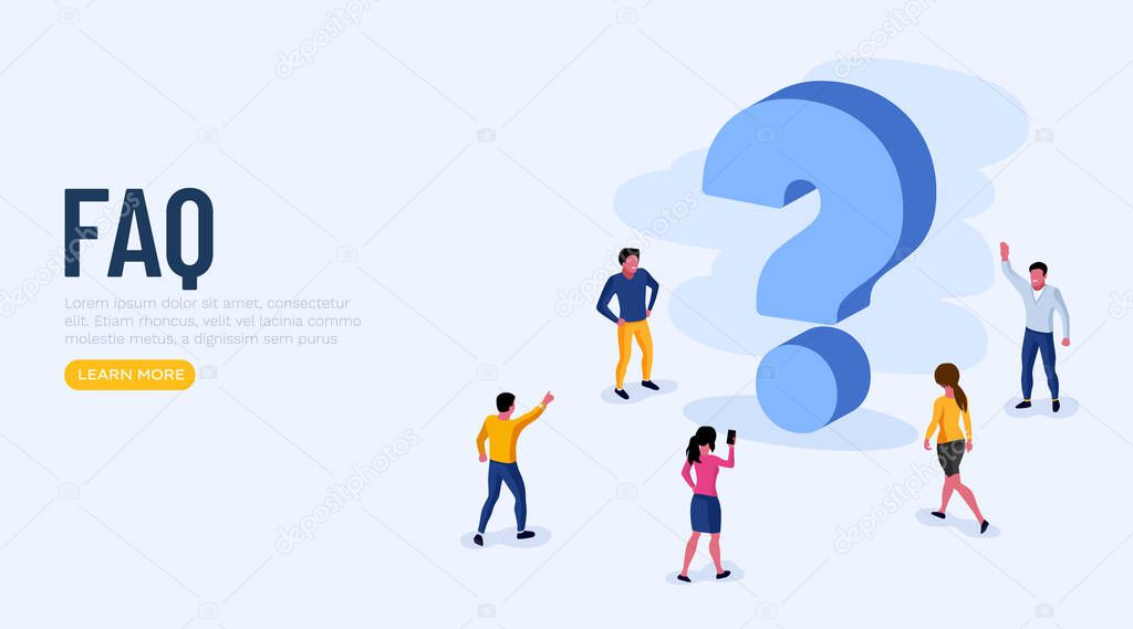 People Characters Standing near Question Marks. Women and Men Ask Questions and receive Answers. Online Support center. Frequently Asked Questions Concept.