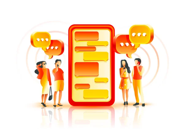 People communicate by mobile phone, chat with each other, exchange information, happy people chat. — Stock Vector