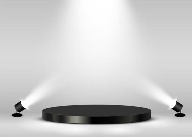 Sahne Podyumu Ödül Töreni Sahnesi spot ışıklarıyla aydınlatıldı. Ödül töreni konsepti. Sahne arkaplanı.