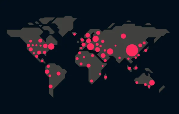 Kaart wereldwijde planeet aarde punt virus verspreiding, zwarte achtergrond. — Stockvector