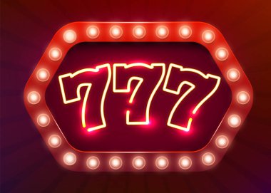 Neon 777 yuva işareti. Kumarhane neon tabelası. Online kumarhane konsepti.