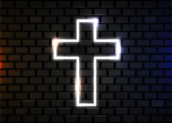 Gloeiende neon kruis op bakstenen muur achtergrond. Christelijk symbool. — Stockvector