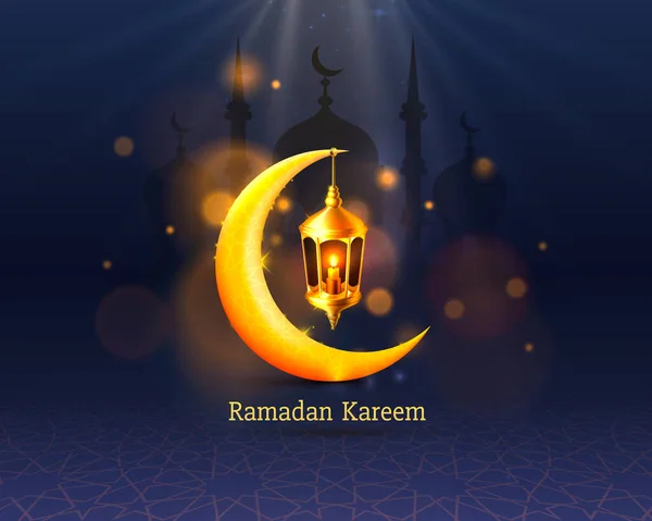 Carta de presentación del Ramadán, Vista nocturna de la mezquita dibujada desde el arco. Fondo de diseño árabe. Tarjeta de felicitación manuscrita . — Vector de stock