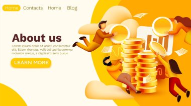 Küçük insanlar ve ekonomi yönetimi ile modern afiş tasarımı. Kullanıcı Arayüzü Geliştirme Kavramı. Küçük insanlar profesyonel bir organizasyon kurar. Site şablonu.