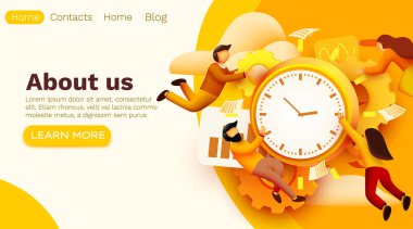 Minik insanlarla ve çalışma saatleriyle modern afiş tasarımı. Kullanıcı Arayüzü Geliştirme Kavramı. Küçük insanlar profesyonel bir organizasyon kurar. Site şablonu.