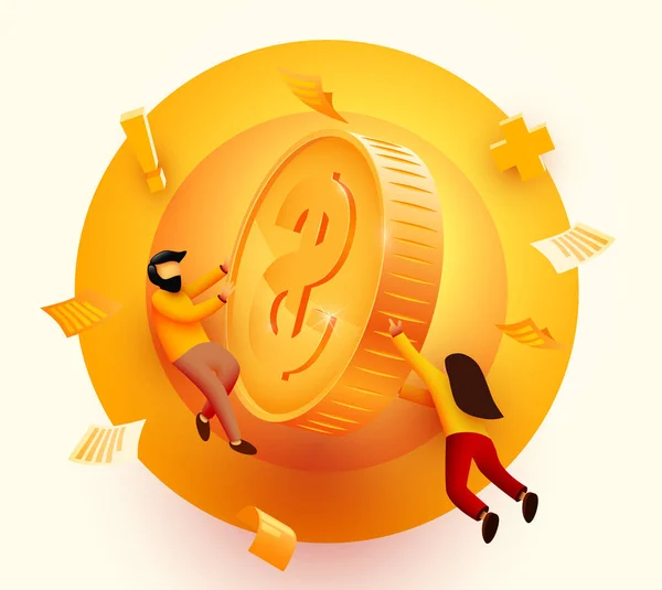 Gente volando alrededor de monedas de oro. Experto en ahorro de dinero, servicio de consulta de inversiones, consultor financiero personal. Ilustración vectorial . — Vector de stock