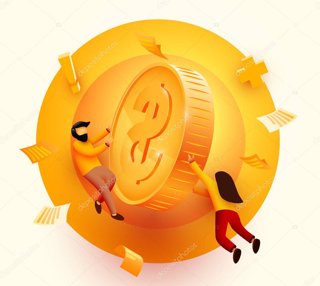 People flying around golden coin. Money saving expert, investment consultation service, personal financial consultant. Vector illustration.