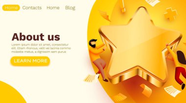 İnsanlar altın dev yıldızın etrafında uçuyor. Oran, kalite veya geri bildirim konsepti. Web sitesi şablonu.