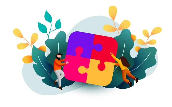 Bedrijfsconcept. Teammetafoor. mensen die puzzelelementen verbinden. Vector illustratie plat ontwerp stijl. Symbool van teamwork, samenwerking, partnerschap. — Stockvector