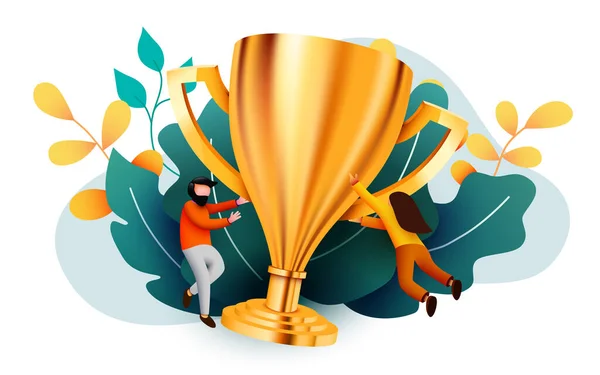 Gente volando alrededor de la copa campeona gigante dorada. Ganador, trabajo en equipo o concepto de éxito . — Vector de stock