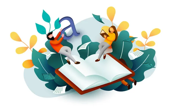 Kis olvasók repülnek a könyv felett. Oktatási koncepció. Iskolai vagy egyetemi hallgatók. Tudományos transzparens. — Stock Vector