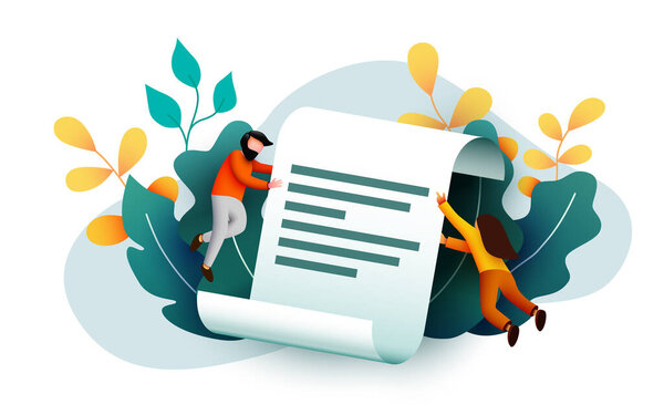 Маленькие люди летают вокруг бумажных документов. Соглашение или контракт. Положения и условия.