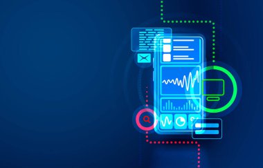 Akıllı telefon uygulama analizleri, finansal ticaret afişi. Vektör 