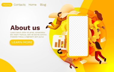 Akıllı telefon uygulaması ve uçan insanlar, mobil web pankartı, Vektör illüstrasyonu