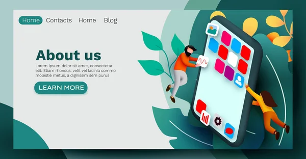 Landing Page. Moderne Banner-Vorlage mit winzigen Menschen und riesigen Smartphones. mobiles App-Design. User Interface Entwicklungskonzept. Kleine Leute bauen Anwendungen. — Stockvektor