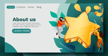 İnsanlar altın dev yıldızın etrafında uçuyor. Oran, kalite veya geri bildirim konsepti. Web sitesi şablonu.