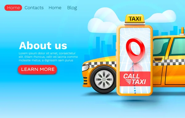 スマートフォンの呼び出しタクシーバナーのコンセプト、テキスト、オンラインアプリケーション、タクシーサービスのための場所. — ストックベクタ