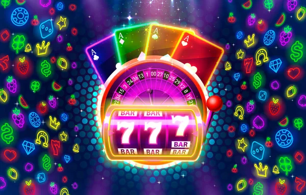 Casino Spielautomaten Neon-Symbole, goldene Spielautomaten, Nacht Vegas. — Stockvektor