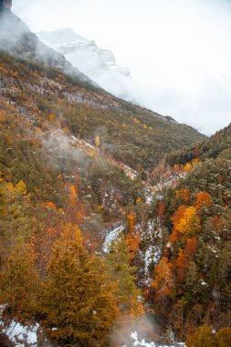 Pireneler İspanya 'da karlı sonbaharda Ordesa Ulusal Vadisi