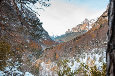 Pireneler İspanya 'da karlı sonbaharda Ordesa Ulusal Vadisi